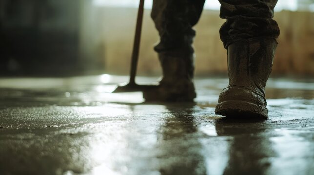 Concrete worker smoothing the surface of a freshly poured slab. Featuring concrete finishing and surface work