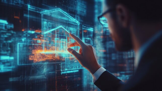 A businessman touching a virtual screen displaying a hologram of a house, symbolizing real estate investment in the digital era.