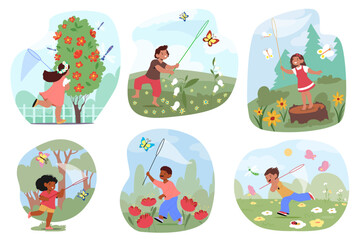 Cute little kids with net catching butterflies running across flowering summer field scene set