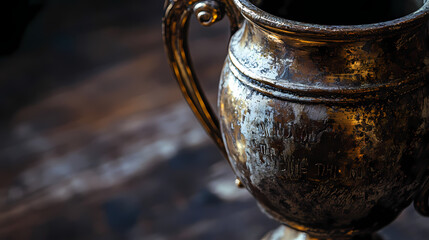 Close-up of an old trophy, worn but proud. its aged surface tells stories of past victories and timeless glory. Timeless Inscription. Illustration