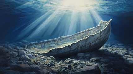 Sunbeams illuminate the hull of a sunken vessel resting upon a rocky seabed, a testament to the enduring presence of the ocean's embrace. Sunken Testament. Illustration