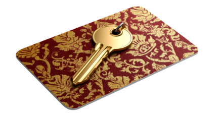 Elegant gold key on ornate red and gold keycard design