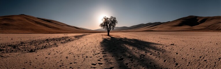 Lone tree stands in vast desert landscape at sunset