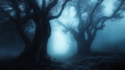 Mystical foggy forest gnarled ancient trees shrouded in soft mist and ethereal light evoking a mythical and otherworldly vibe