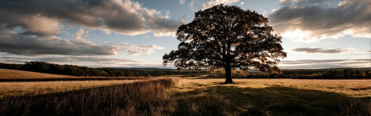 Fototapeta premium Majestic lone oak tree in a vast landscape at sunset