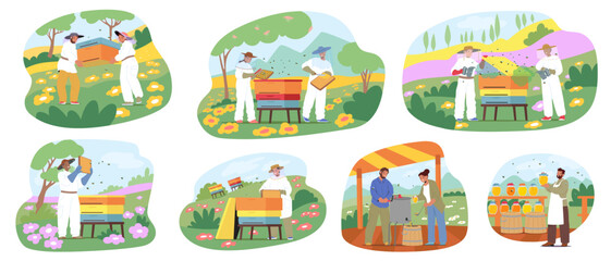 People beekeepers cartoon characters gathering honey standing nearby beehives at apiculture farm © Anna Syvak