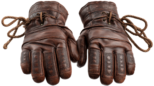 Brown leather gloves with intricate detailing and laces