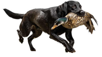 Labrador retriever carrying a duck in its mouth during a hunt