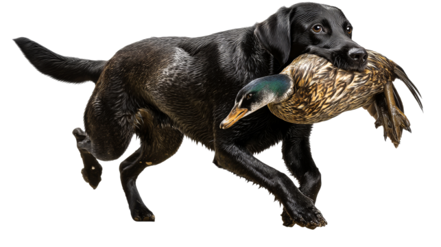 Labrador retriever carrying a duck in its mouth during a hunt
