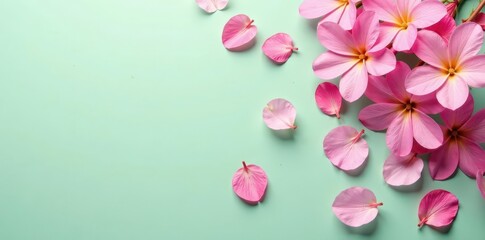 Pink flower petals scattered on a soft green background, pink flower blossoms, floral, natural