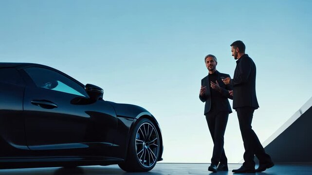 Two businessmen in suits are having a conversation next to a sleek, black coupe, potentially discussing a sale or other business related to the vehicle