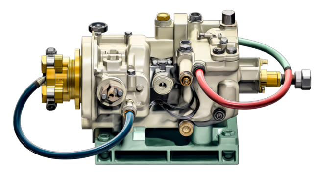 Detailed view of a mechanical fuel pump with colorful hoses