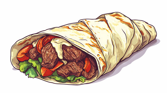 Doner kebab de carne de ternera con verdura aislada sobre fondo transparente. Shadow-Touched Scroll. Illustration