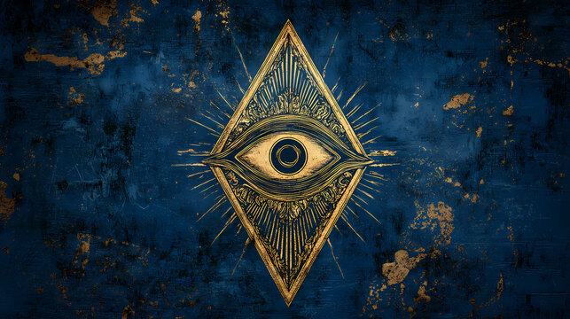 Ornate masonic symbol with all-seeing eye on textured blue background. Arcane Engravings. Illustration