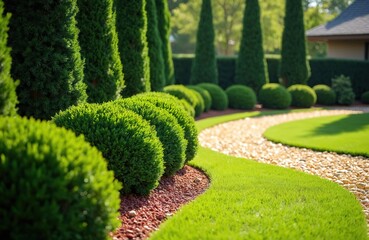 Fototapeta premium Backyard garden landscaping with cypress bushes. Green and yellow stone mulch path, green grass lawn. Park botanical details, summer day. Decorative outdoor design.