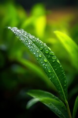 Raindrops glistening on fresh green leaves in nature