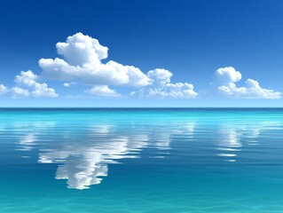 Obraz premium Calm turquoise ocean reflecting white cumulus clouds under a clear blue sky