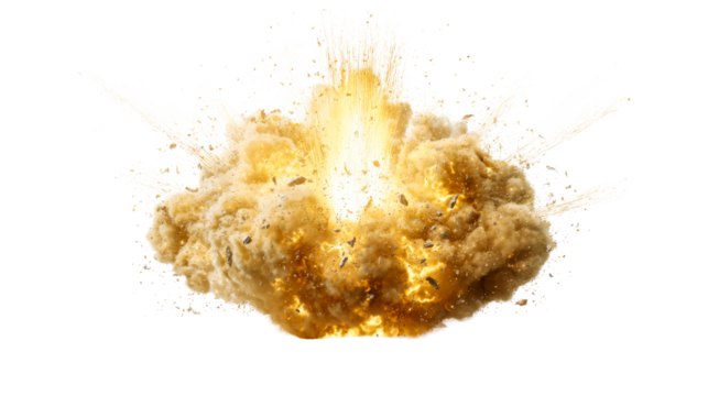 Explosion creating dust and debris against a transparent background