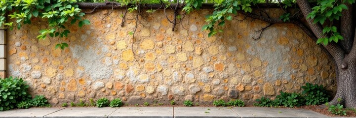 Naklejka premium Rough and rocky concrete wall with tree branches, brown, building exterior