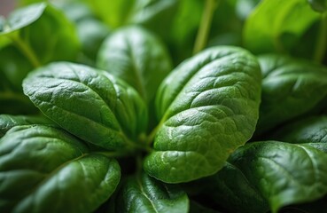 Obraz premium Close-up of fresh organic spinach leaves. Healthy green food. Focus on textured leaves. Vegan and vegetarian diet concept. Vitamins, minerals. Ideal for healthy eating projects. Summer harvest.