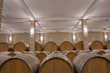 Wine barrels in the cellar of wine producer.