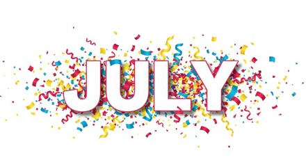 Fototapeta premium Confetti style july celebration background with colorful festive elements and bold typography 