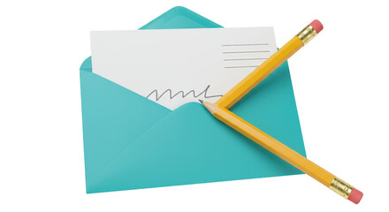 Isolated Blue Envelope with Letter and Pencils