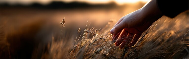 Hand exploring golden grass at sunset in the field