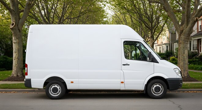 White Cargo Van Parked on Residential Street Surrounded by Trees