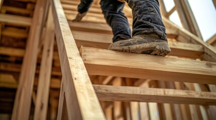 Construction worker assembling a wooden staircase frame. Featuring carpentry and framing work