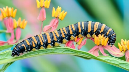 Naklejka premium Monarch caterpillars feeding near bright milkweed blooms preparing metamorphosis colored background