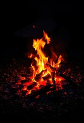 Glowing embers in a dark garden, ash and cinders remaining from a fire pit, detail, stock photo, wood
