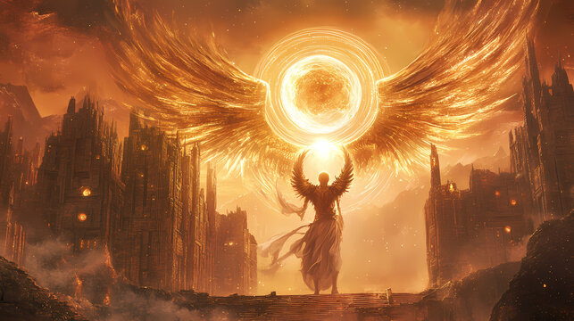 A mystical alien with large, swirling cosmic wings, holding an orb of pure energy, standing in front of an ancient, forgotten intergalactic city. Forgotten Fables. Illustration