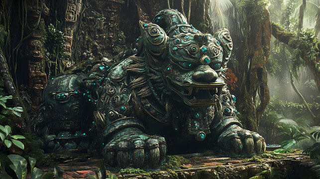 Enchanted bronze pixiu statue encrusted with gems resting in a lush forgotten tropical rainforest partially covered by vines and moss as if abandoned by time. Forgotten Fables. Illustration
