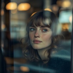 Naklejka premium Contemplative Gaze: A woman's wistful expression is captured as she looks out a window, lost in thought, reflecting inner peace and tranquility. 