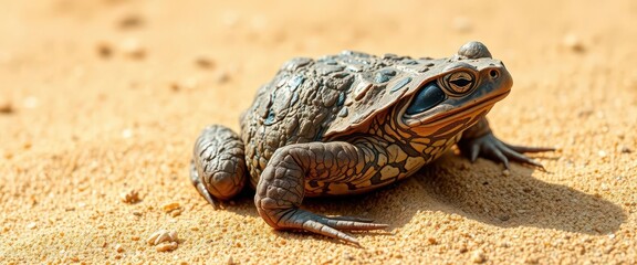 Obraz premium Rough-skinned toad, patterned back, traversing sun-baked sand, unique, desert animal
