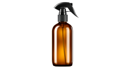 Brown glass spray bottle with black nozzle on transparent backdrop