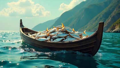 Symbolic Abundance of Peter's Boat Overflowing with Fish at Jesus' Command. Concept Biblical miracles created with generative ai.