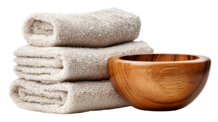 Soft towels stacked beside a wooden bowl on a transparent background