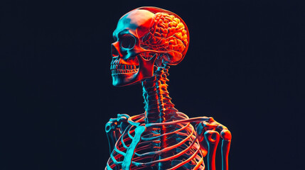 Skull and spine illuminated with vibrant colors showcasing intricate anatomy in a dark environment