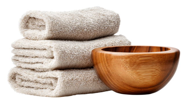 Soft towels stacked beside a wooden bowl on a transparent background