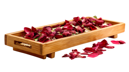Decorative wooden tray filled with rose petals for relaxation