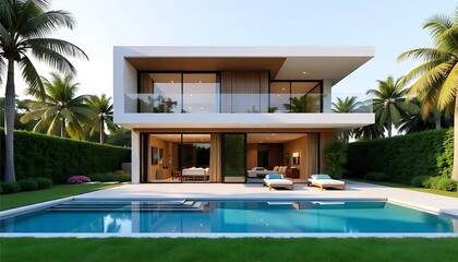 Fototapeta premium Modern House With Pool in Front ,Modern Luxury House With Private Swimming Pool created with generative ai. 