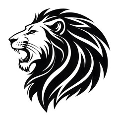 Fototapeta premium A majestic wild lion head logotype illustration, a black art symbol, and a white background.