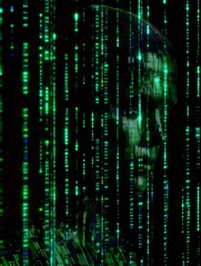 Fototapeta premium Digital Veil: An enigmatic figure is enshrouded by a cascade of binary code, as the image reflects both technological innovation and the mysteries of existence