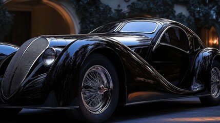 Fototapeta premium Retro style black car. Black car, perfect lines and details, dramatic light.