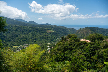 Obraz premium View over Roseau Valley on Dominica (Caribbean), site of aerial tramway construction