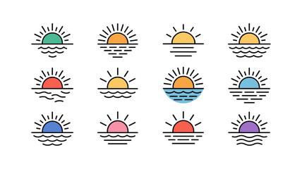 Sunrise Icons: A collection of twelve stylized sunrise icons, each with a unique color palette and design, reflecting the serene beauty of dawn.