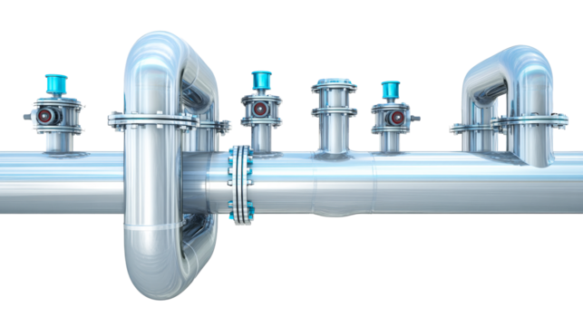 Industrial stainless steel pipe system with valves and fittings