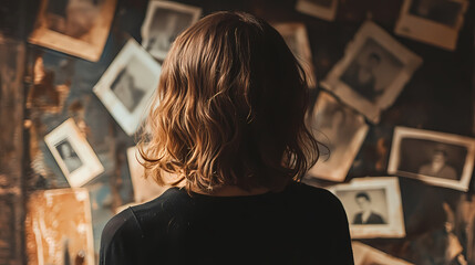 Woman lost in nostalgia looking at faded family photographs and past memories. Lost Heirlooms. Illustration